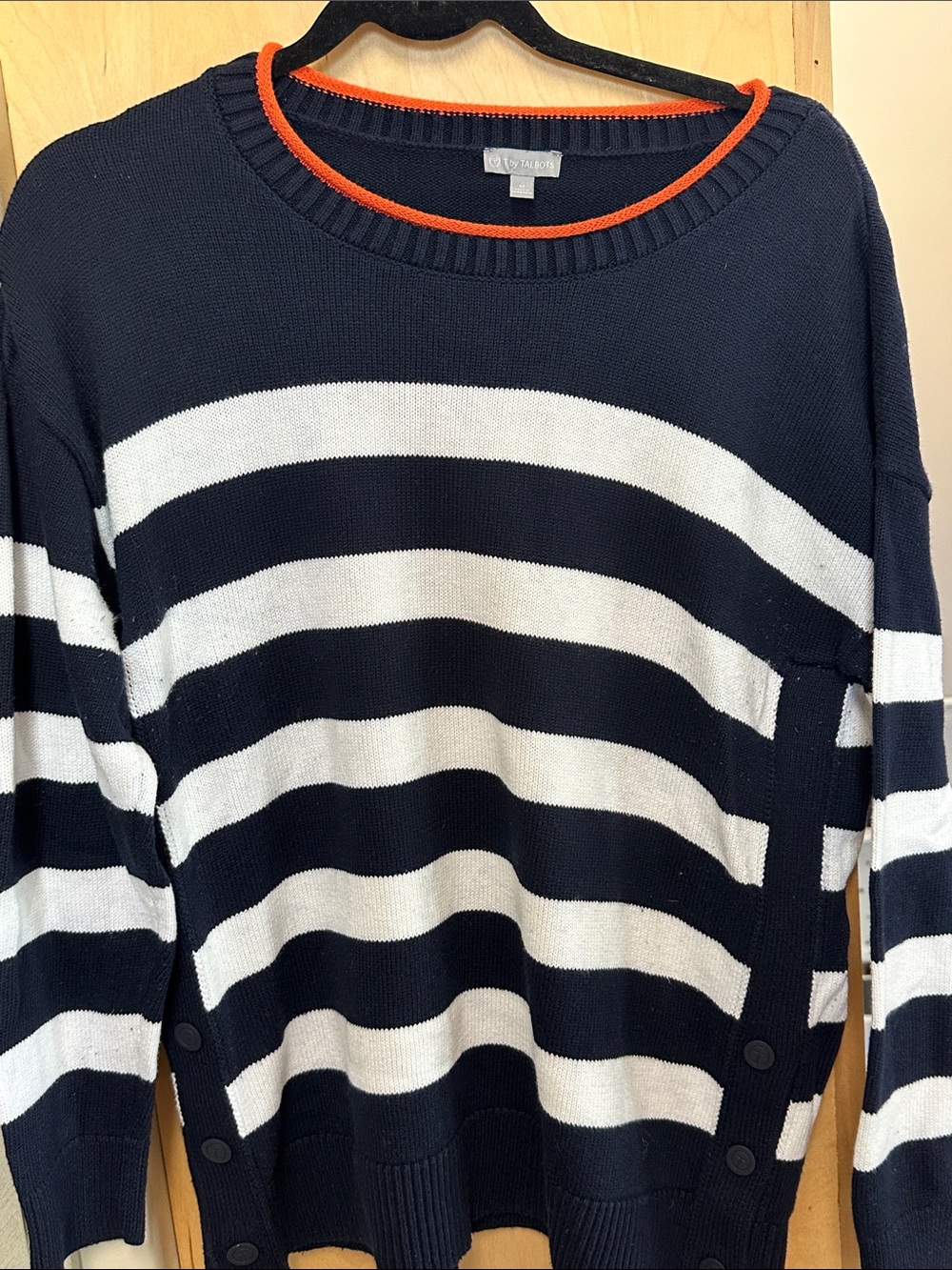 Blue and White Striped Sweater with Orange Trim